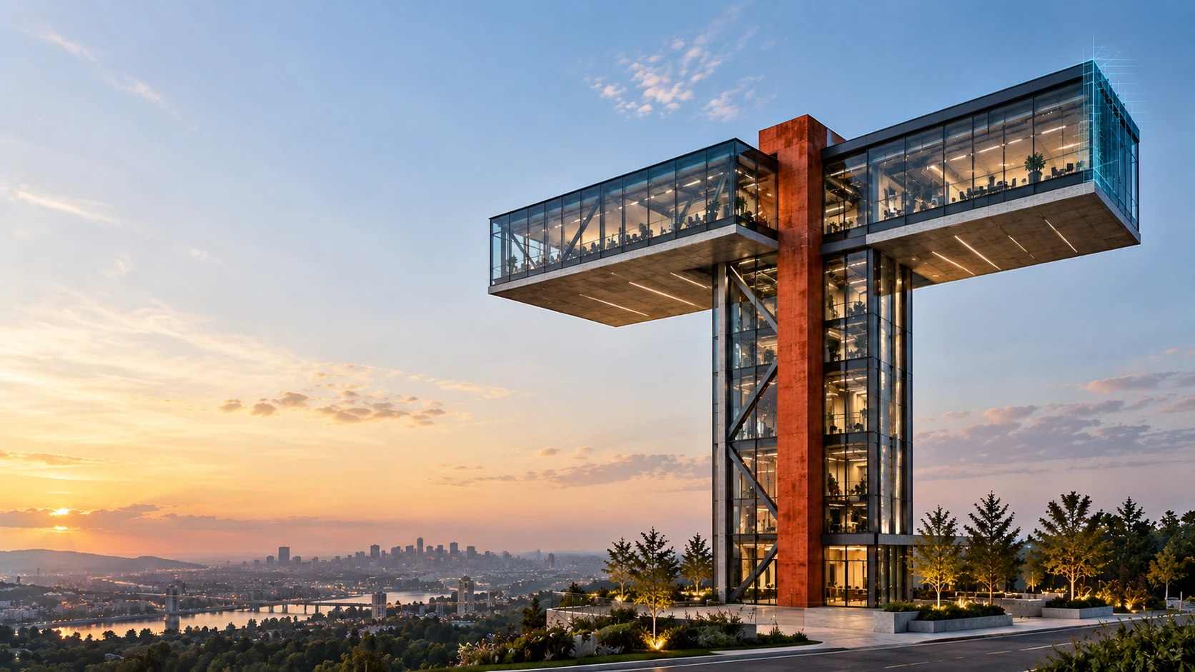 Wide architectural view of a complete T-shaped glass and concrete building with a red vertical core, inspired by the TAFY emblem